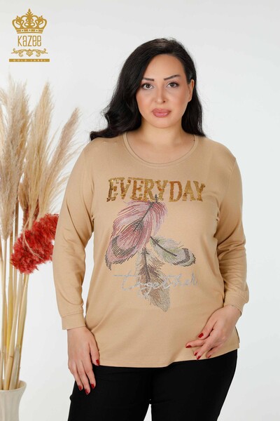 Bluză de damă cu ridicata frunze cu model bej - 77913 | KAZEE - Thumbnail