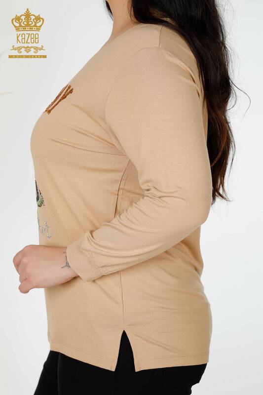 Bluză de damă cu ridicata frunze cu model bej - 77913 | KAZEE
