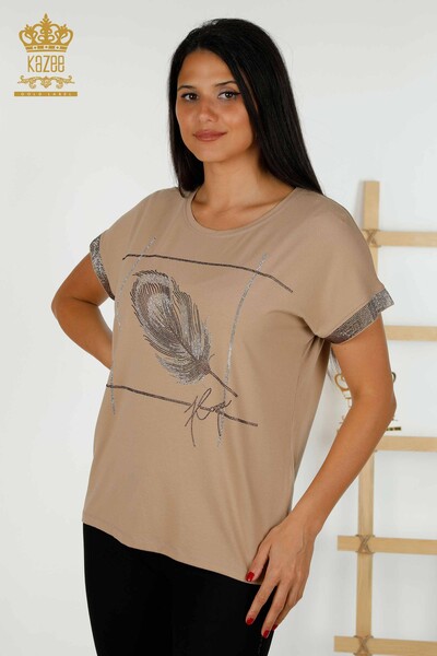 Bluză de damă cu ridicata frunze cu model bej - 78878 | KAZEE - Thumbnail