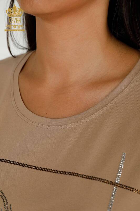 Bluză de damă cu ridicata frunze cu model bej - 78878 | KAZEE
