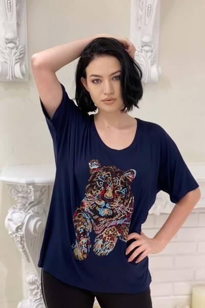 Bluză de damă en-gros cu pietre colorate și detaliu tigru - 77545 | Kazee
