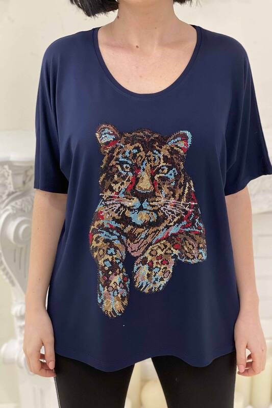 Bluză de damă en-gros cu pietre colorate și detaliu tigru - 77545 | Kazee