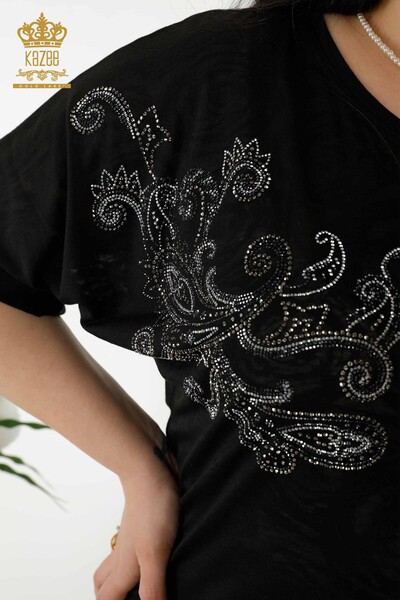 Bluză de damă cu ridicata cu piatră de cristal brodat negru - 79125 | KAZEE - Thumbnail