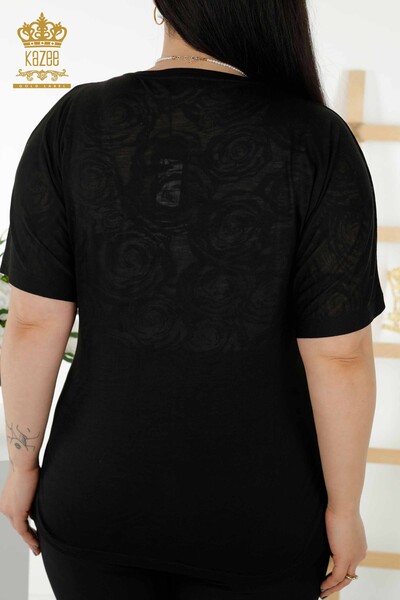 Bluză de damă cu ridicata cu piatră de cristal brodat negru - 79125 | KAZEE - Thumbnail