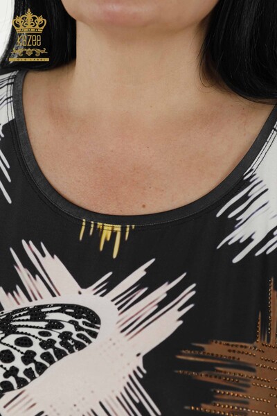 Bluză de damă cu ridicata cu model fluture negru - 12051 | KAZEE - Thumbnail