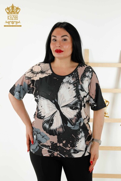 Bluză de damă cu ridicata cu model fluture negru - 77900 | KAZEE - 1