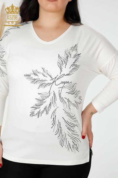 Bluză de damă cu ridicata cu model frunze Ecru - 77970 | KAZEE - Thumbnail