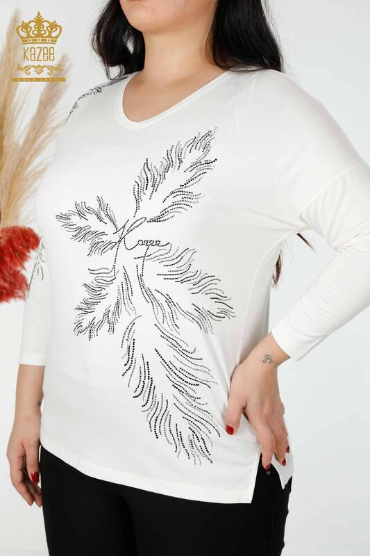 Bluză de damă cu ridicata cu model frunze Ecru - 77970 | KAZEE