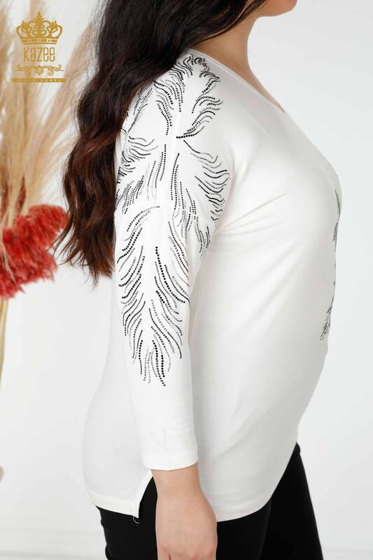 Bluză de damă cu ridicata cu model frunze Ecru - 77970 | KAZEE