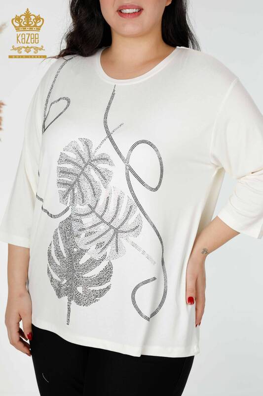 Bluză de damă cu ridicata cu model frunze Ecru - 78946 | KAZEE