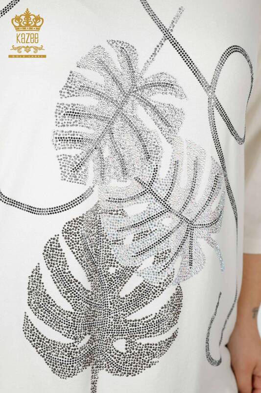 Bluză de damă cu ridicata cu model frunze Ecru - 78946 | KAZEE