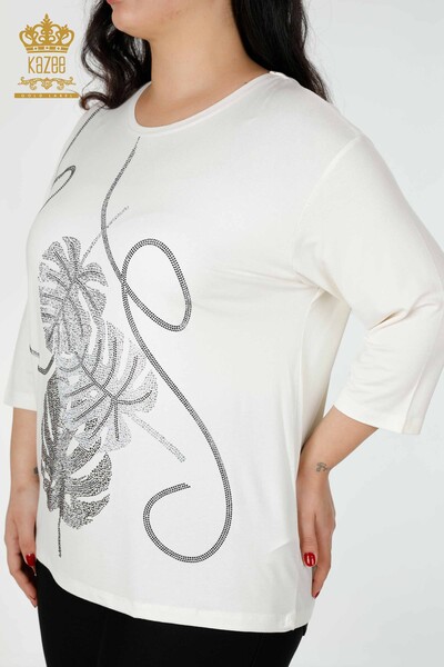 Bluză de damă cu ridicata cu model frunze Ecru - 78946 | KAZEE - Thumbnail