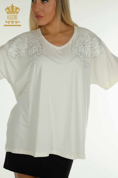 Bluză de damă cu ridicata Frunze cu model Ecru - 79090 | KAZEE - Thumbnail