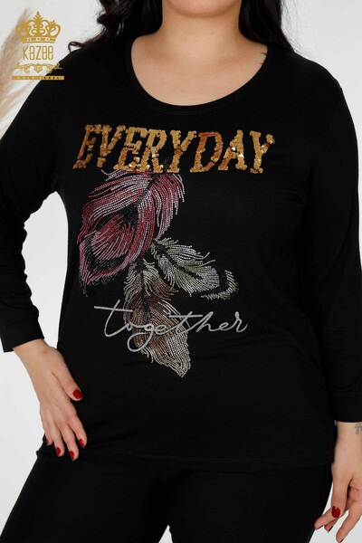 Bluză de damă cu ridicata Frunze cu model negru - 77913 | KAZEE - Thumbnail