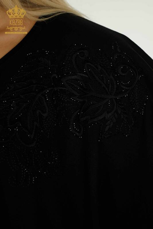 Bluză de damă cu ridicata - Model cu frunze - Negru - 79090 | KAZEE