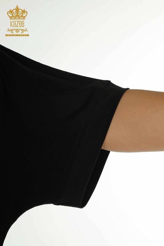 Bluză de damă cu ridicata - Model cu frunze - Negru - 79090 | KAZEE