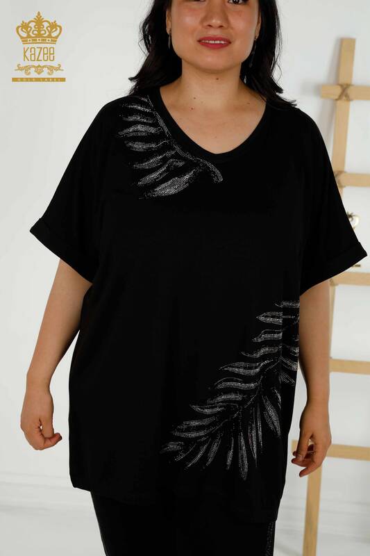 Bluză de damă cu ridicata Frunze cu model negru - 79319 | KAZEE