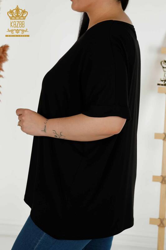 Bluză de damă cu ridicata Frunze cu model negru - 79322 | KAZEE