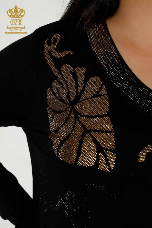 Bluză de damă cu ridicata Frunze cu model negru - 79376 | KAZEE
