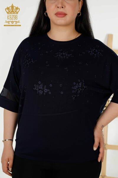 Bluză de damă cu ridicata cu modele florale bleumarin - 79087 | KAZEE - Thumbnail