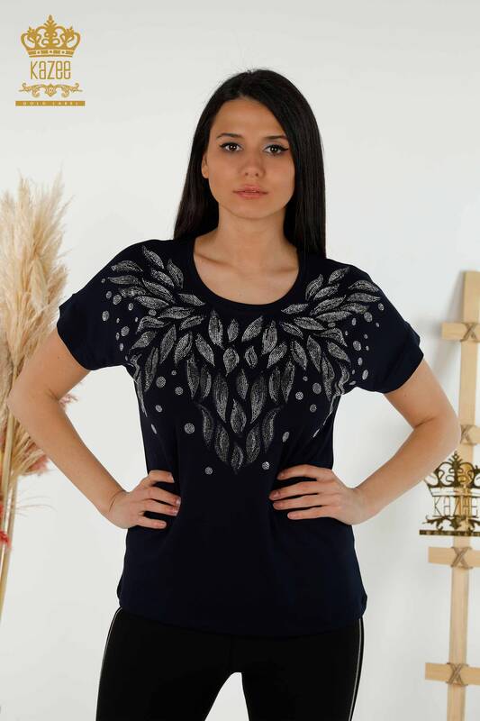 Bluză de damă cu ridicata Frunze cu model bleumarin - 79053 | KAZEE