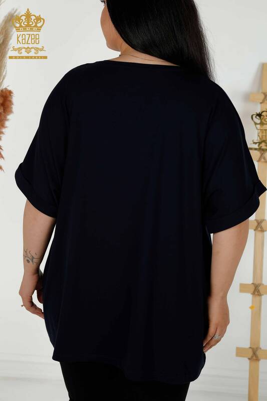 Bluză de damă cu ridicata Frunze cu model bleumarin - 79318 | KAZEE