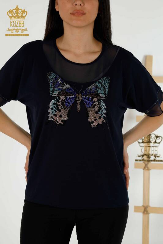 Bluză de damă cu ridicata cu model fluture bleumarin - 79103 | KAZEE