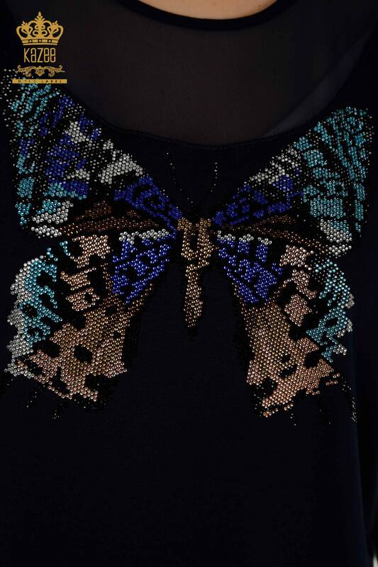 Bluză de damă cu ridicata cu model fluture bleumarin - 79103 | KAZEE