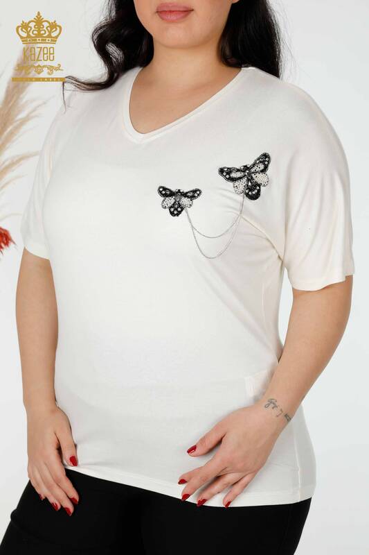 Bluză de damă cu ridicata cu model fluture Ecru - 78933 | KAZEE