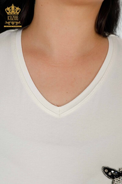 Bluză de damă cu ridicata cu model fluture Ecru - 78933 | KAZEE - Thumbnail