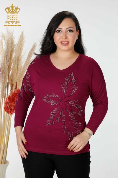 Bluză de damă cu ridicata frunze cu model liliac - 77970 | KAZEE - Thumbnail