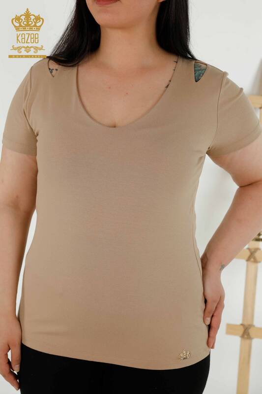 Bluză de damă cu ridicata cu umăr Bej - 79220 | KAZEE