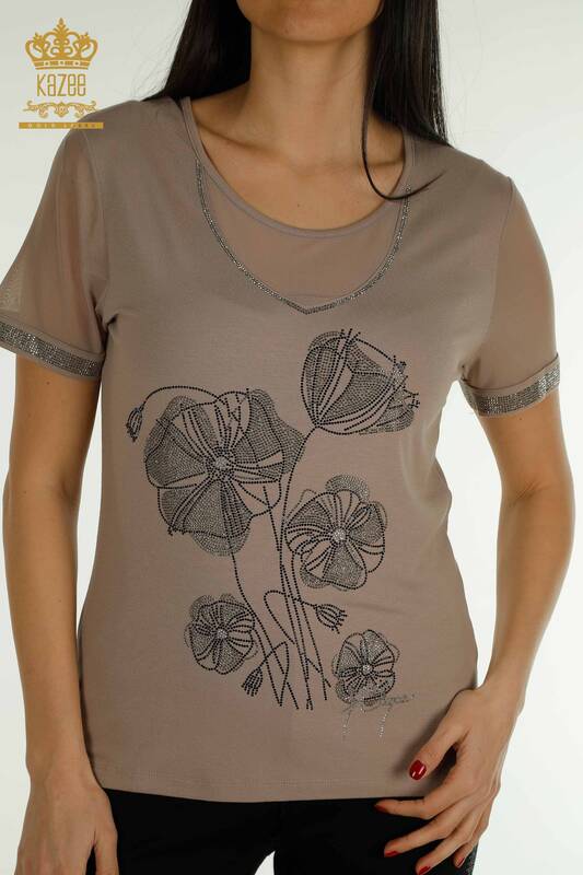 Bluză de damă cu ridicata din nurcă cu modele florale - 79290 | KAZEE
