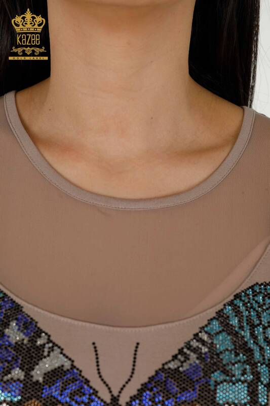 Bluză de damă cu ridicata din nurcă cu model fluture - 79103 | KAZEE