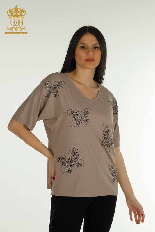 Bluză de damă cu ridicata din nurcă cu model fluture - 79364 | KAZEE