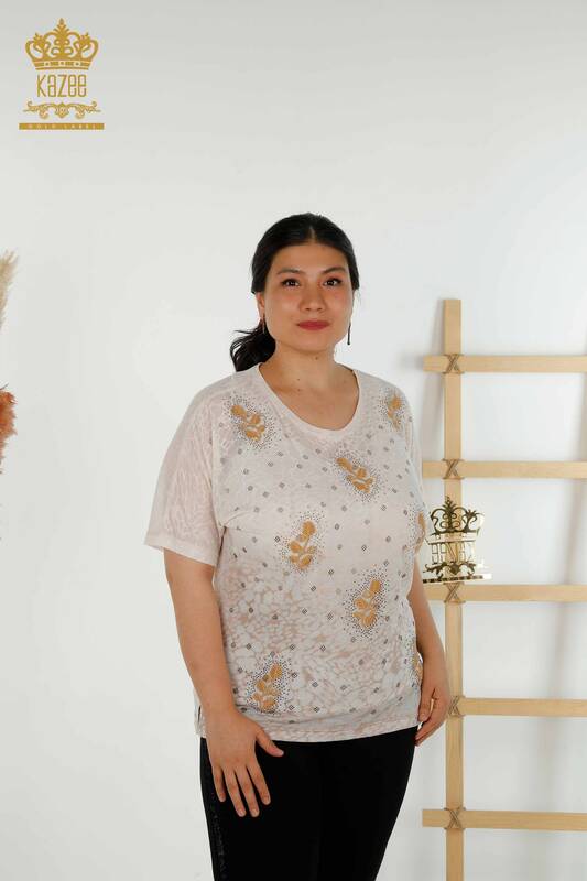 Bluză de damă cu ridicata din nurcă cu model de frunze - 79130 | KAZEE