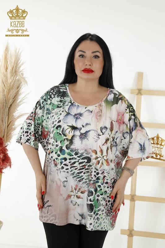 Bluză de damă cu ridicata din nurcă cu modele florale - 12050 | KAZEE