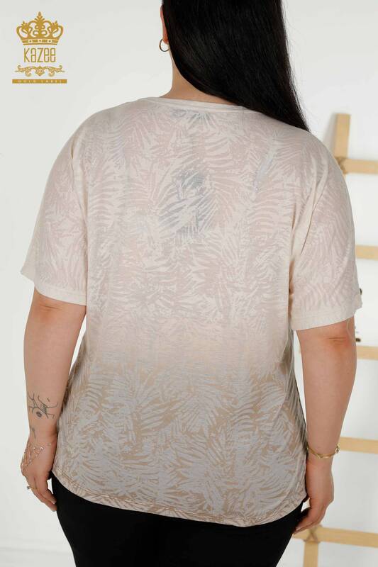 Bluză de damă cu ridicata din nurcă cu model de frunze - 79135 | KAZEE