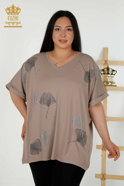 Bluză de damă cu ridicata, nurcă cu model de frunze - 79318 | KAZEE - Thumbnail