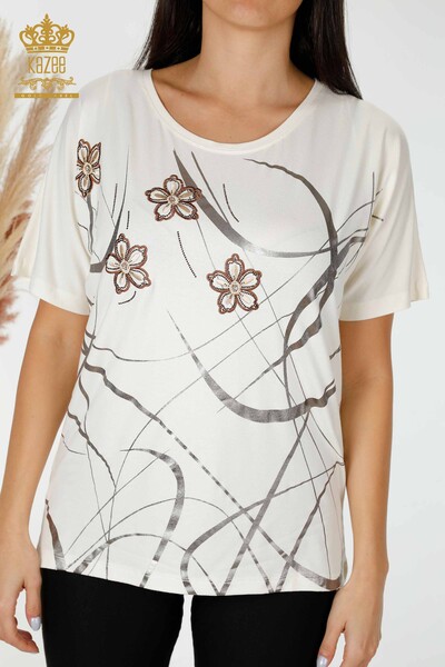 Bluză de damă cu ridicata cu dungi cu model floral Ecru - 78894 | KAZEE - Thumbnail