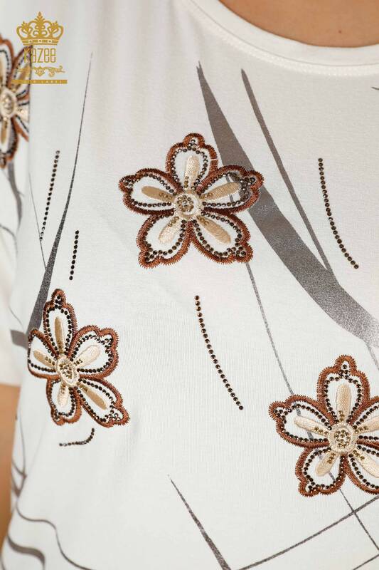 Bluză de damă cu ridicata cu dungi cu model floral Ecru - 78894 | KAZEE