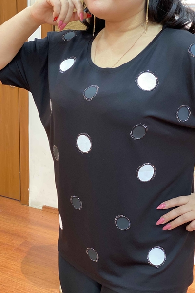 Bluză de damă cu ridicata cu inel cu model cu piatră de cristal brodate - 77192 | Kazee - Thumbnail