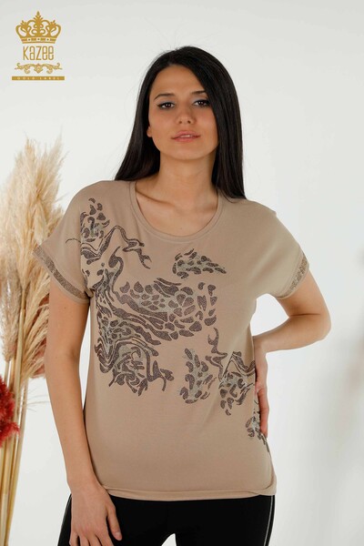 Bluză de damă cu ridicata cu piatră leopard brodat bej - 79066 | KAZEE - Thumbnail