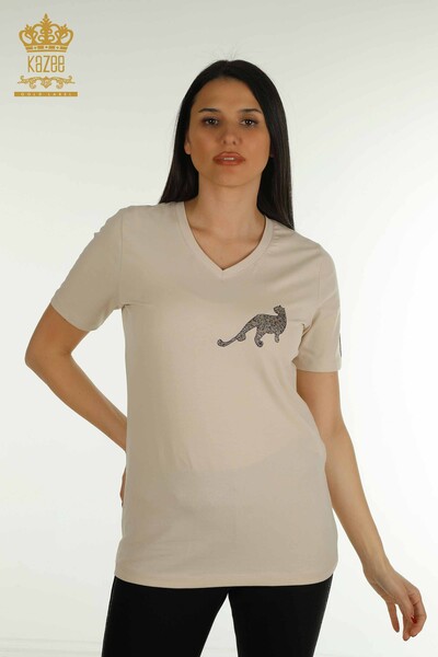 Bluză de damă cu ridicata cu piatră leopard brodat bej deschis - 79484 | KAZEE - Thumbnail