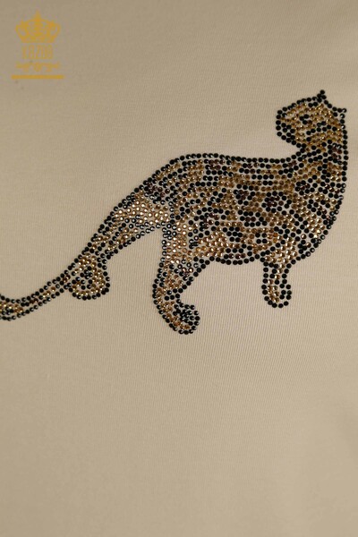 Bluză de damă cu ridicata cu piatră leopard brodat bej deschis - 79484 | KAZEE - Thumbnail