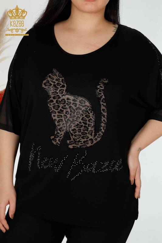 Bluză de damă cu ridicata cu piatră de leopard brodat negru - 78865 | KAZEE