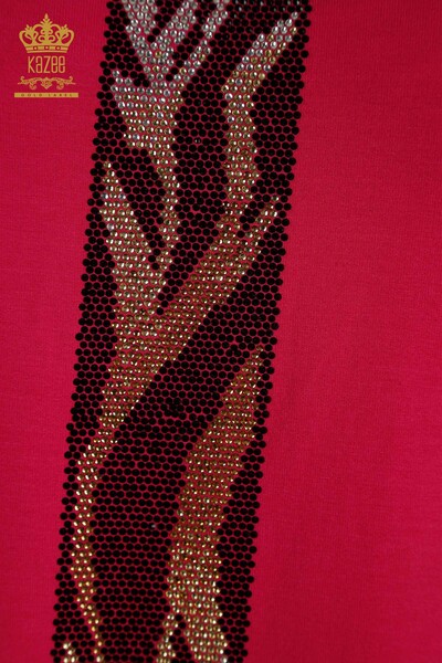 Bluză de damă cu ridicata cu piatră leopard brodat fucsia - 79242 | KAZEE - Thumbnail
