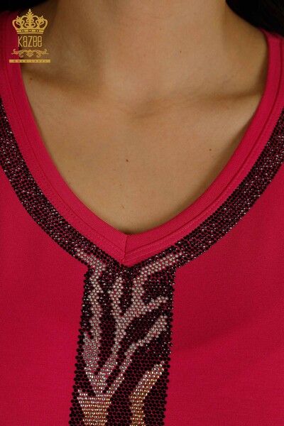 Bluză de damă cu ridicata cu piatră leopard brodat fucsia - 79242 | KAZEE - Thumbnail