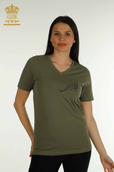 Bluză de damă cu ridicata cu piatră leopard brodat kaki - 79484 | KAZEE - Thumbnail