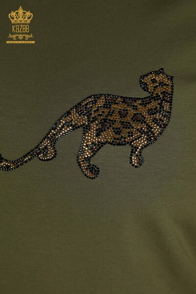 Bluză de damă cu ridicata cu piatră leopard brodat kaki - 79484 | KAZEE - Thumbnail